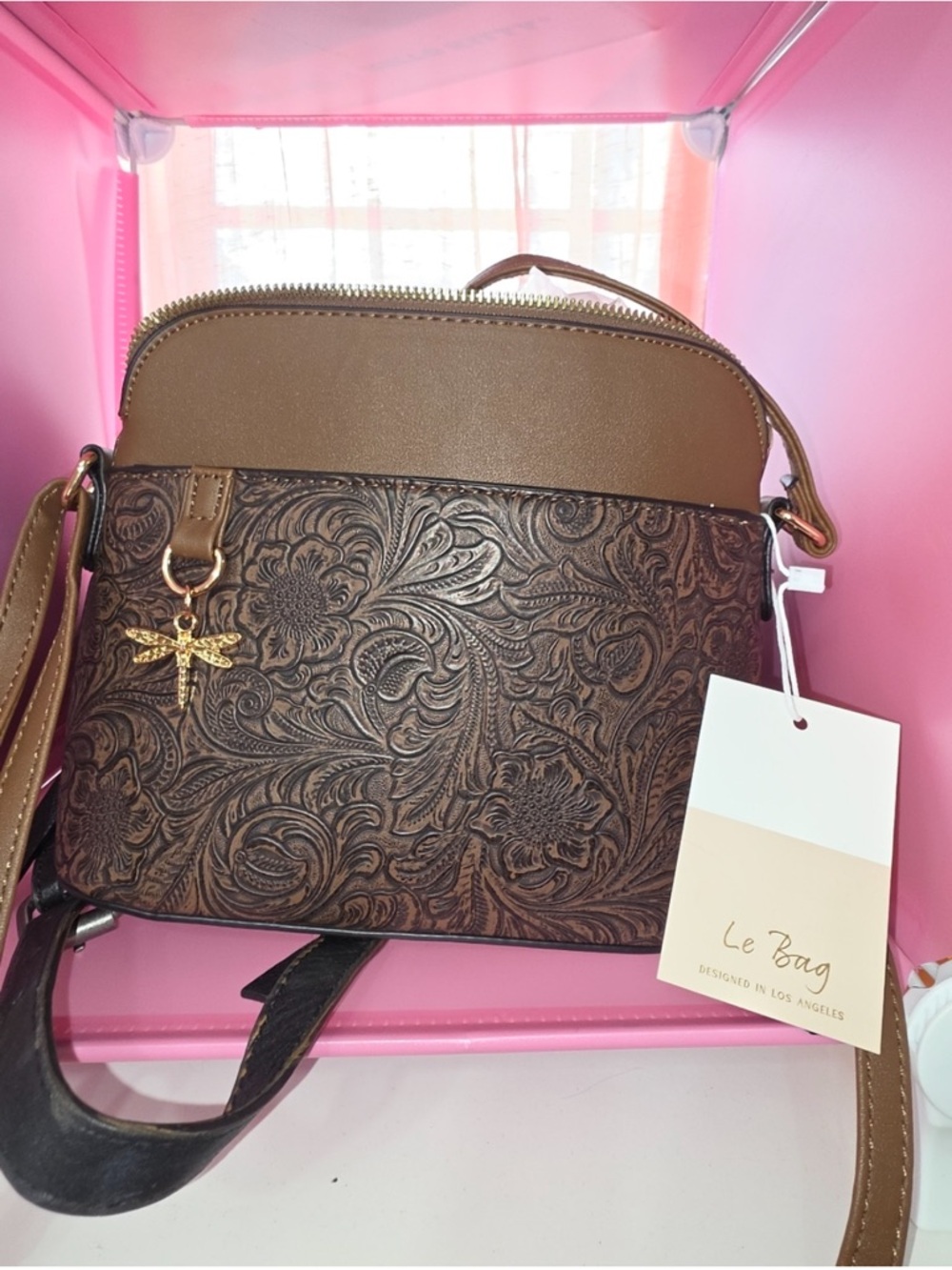 Cool Brown Tooled Leather Crossbody with Gold Dragonfly Charm